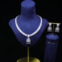 Conjunto de joyería para mujer, Collar de piedras preciosas de colores y conjunto de aretes, Cobre con circonia cúbica AAA, Conjunto de accesorios de moda de vestido de noche nupcial elegante y exagerado