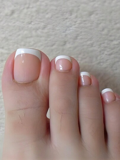 24 pièces Autocollants courts carrés pour ongles minimalistes nude rose français blanc pour fête, danse, port quotidien. Faux ongles à coller. Fournitures pour ongles