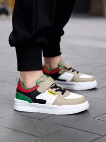1 Pair Fashionable Casual Breathable Color Matching Leather Low-Top Skateboard Shoes For Teenagers. Anti-Slip, Wear-Resistant, Shock-Absorbing Sports Shoes, Suitable For Outdoor Activities & Versatile Wear For Kids