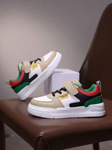 1 Pair Fashionable Casual Breathable Color Matching Leather Low-Top Skateboard Shoes For Teenagers. Anti-Slip, Wear-Resistant, Shock-Absorbing Sports Shoes, Suitable For Outdoor Activities & Versatile Wear For Kids