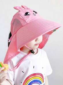 1 pieza Sombrero de cubo con protección solar y diseño de conejo rosa de dibujos animados, con correa ajustable y silbato para niñas pequeñas, para primavera/verano, chal grande - Rosa - Ver 3