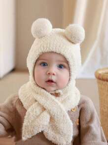 1 set Chapeau de protection auditive et écharpe bébé beige moelleux à double pompon, 2 pièces/ensemble