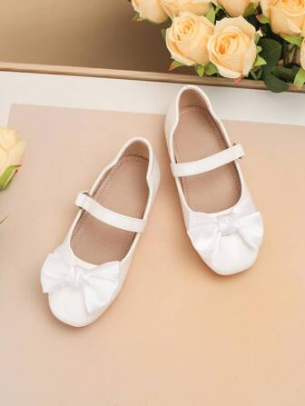 1pair Cute Butterfly Pattern Solid Color PU Leather Non-Slip Round Toe Flat Outdoor Children Shoes, Suitable For All Seasons