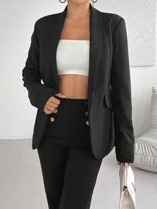 Women's Fashion Collarless Solid Color Blazer - Black - View 6