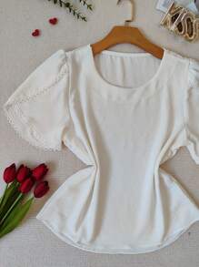 Women's Short Sleeve Blouse With Lace Duna Fabric - trắng - Xem 3