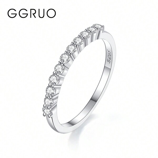GGRUO خاتم حلقة أبدية بتصميم فاخر بسيط مطلي بالروديوم من الفضة 925 مرصع بماسات مويسانايت دائرية ومصقول بعناية