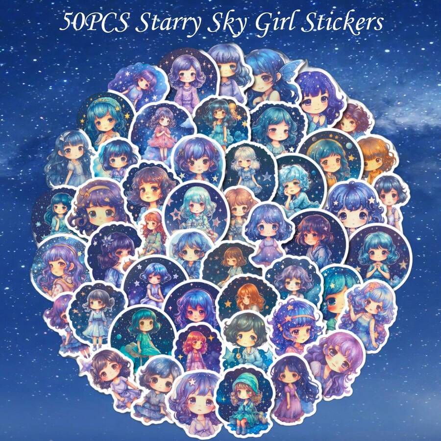 50张星空女孩贴纸,可爱、梦幻、浪漫夜光星空系列紫色月亮女孩,适用于滑板车、手机壳、笔记本电脑、水瓶、涂鸦装饰,防水贴纸 - 彩色 - 查看 1