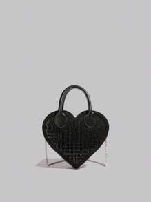Heart-Shaped Rhinestone Decor Handbag With Chain Strap, Minimalist & Versatile Shoulder/Crossbody Bag Valentines - Black - View 1