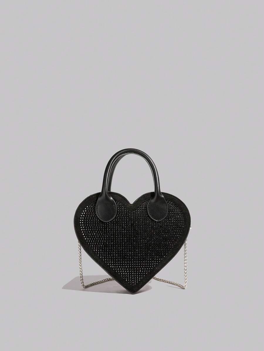 Heart-Shaped Rhinestone Decor Handbag With Chain Strap, Minimalist & Versatile Shoulder/Crossbody Bag Valentines - Black - View 1