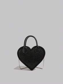 Heart-Shaped Rhinestone Decor Handbag With Chain Strap, Minimalist & Versatile Shoulder/Crossbody Bag Valentines - Black - View 3