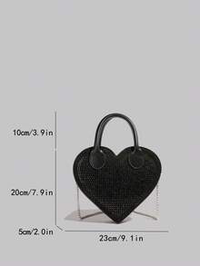 Heart-Shaped Rhinestone Decor Handbag With Chain Strap, Minimalist & Versatile Shoulder/Crossbody Bag Valentines - Black - View 7