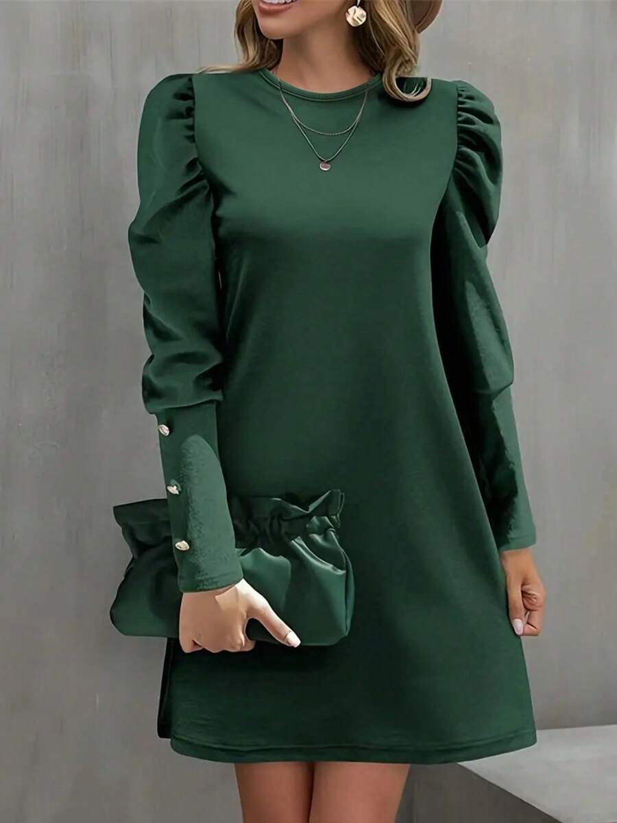 Women Spring/Summer Round Neck Gigot Sleeve Dress - Dark Green - View 1