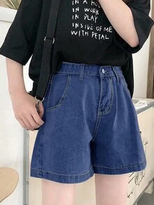 實心寬腿牛仔短褲 - 寶藍色 - 查看 4