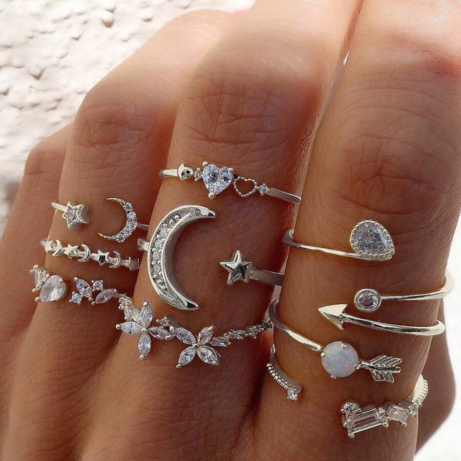 9pcs/Set Minimalist Korean Style Heart, Star, Moon, Flower Rhinestone Rings Set For Women, Casual/Date/Holiday Gift (Without Box) - Silver - View 1