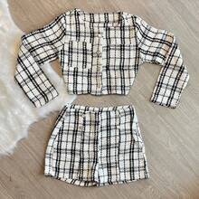 Adult Women's Tweed Blazer Cropped Coat Set With Shorts S M L - trắng - Xem 1