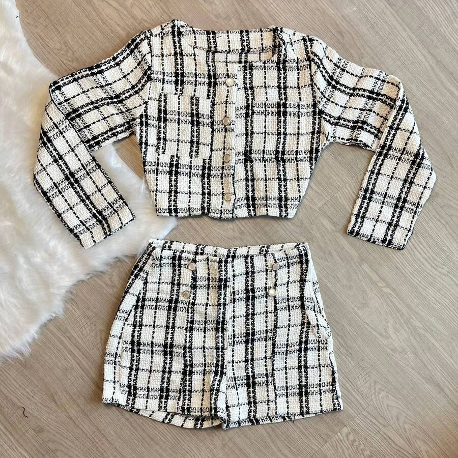 Adult Women's Tweed Blazer Cropped Coat Set With Shorts S M L - trắng - Xem 1