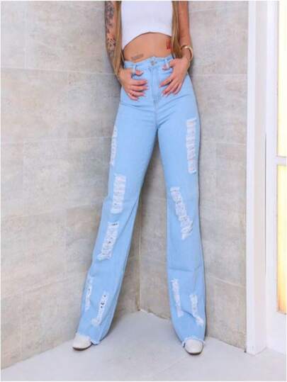 Calça Wide Leg  Rasgada Pantalona Jeans Feminina Cintura Alta Levanta Bumbum