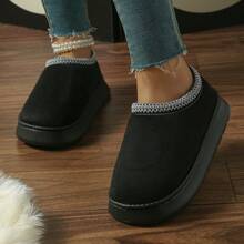 Botines de tobillo de peluche para mujer de invierno, cálidos y gruesos para uso interior/exterior con diseño cerrado en un solo color, cómodos y silenciosos - Negro - Ver 5