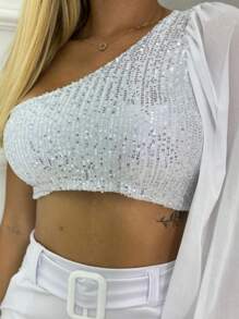 Cropped Mula Manca One Strap Sleeve Tulle Sequin Glitter Women's Fashion Party - trắng - Xem 1