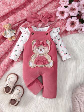 3件套女婴喇叭袖碎花连体衣+可爱粉色蝴蝶结动物小熊刺绣围兜裤+发带套装