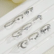 9pcs/Set Minimalist Korean Style Heart, Star, Moon, Flower Rhinestone Rings Set For Women, Casual/Date/Holiday Gift (Without Box) - Silver - View 5
