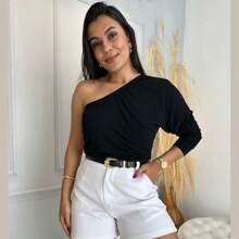 Women's One Shoulder Blouse Manca Mule Elegant Casual Single Sleeve Blouse - 黑色 - 查看 1