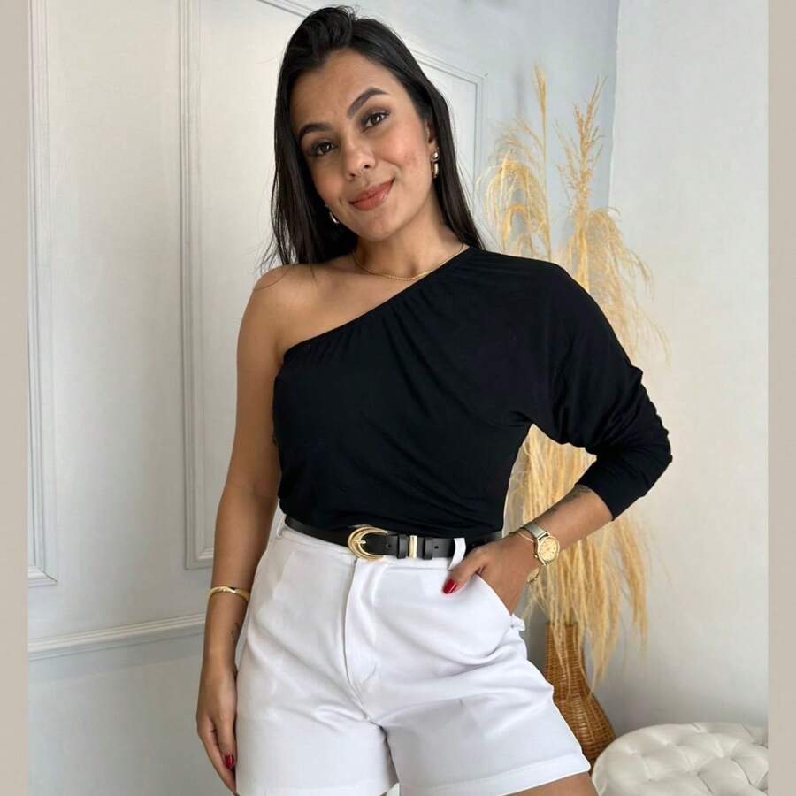 Women's One Shoulder Blouse Manca Mule Elegant Casual Single Sleeve Blouse - 黑色 - 查看 1