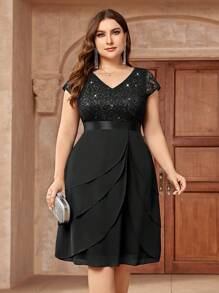 Sequin Lace V-Neck Ruffle Hem Chiffon Cocktail Dress, Suitable For Valentine's Day, Dinner Date, Graduation Ceremony, Homecoming - Black - View 5