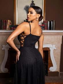 Gabriela Brilliant Tulle Side Cross Dress - 黑色 - 查看 4
