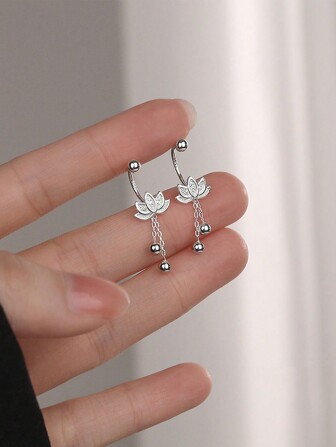 S925 Sterling Silver Lotus Tassel Drop Earrings, Minimalist Flower Screw Back Pearl Earrings, Gift For Women Valentines
