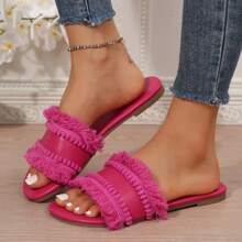 Women's Slip-On Sandals With Tassel & Straw Fabric - Perfect Summer Footwear - Màu Hồng Tươi - Xem 5