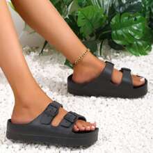 Womens Fashion Waterproof Beach Slide Comfortable Adjustable Double Buckle Sandals EVA Flat Shoes - 黑色 - 查看 6