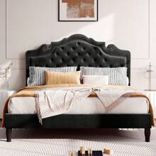 Full/Queen/King Size Bed Frame With Adjustable Velvet Tiara Headboard, Upholstered Diamond Button Tufted Platform Bed, Wood Slats Support, No Box Spring Needed, Black/Grey/White - 黑色 - 查看 3