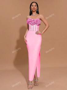 Modphy 2024 Autumn And Winter New Solid Color Strapless Three-Dimensional Flower Inlaid Diamond Slit Sexy Party Tight Bandage Dress Elegant Women'S Formal Dinner Dress