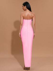 Modphy 2024秋冬新款纯色露肩立体花朵镶钻开叉性感聚会紧身绷带连衣裙优雅女式正式晚宴礼服