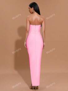 Modphy 2024 Autumn And Winter New Solid Color Strapless Three-Dimensional Flower Inlaid Diamond Slit Sexy Party Tight Bandage Dress Elegant Women'S Formal Dinner Dress