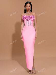 Modphy 2024 Autumn And Winter New Solid Color Strapless Three-Dimensional Flower Inlaid Diamond Slit Sexy Party Tight Bandage Dress Elegant Women'S Formal Dinner Dress