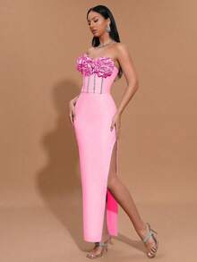 Modphy 2024秋冬新款纯色露肩立体花朵镶钻开叉性感聚会紧身绷带连衣裙优雅女式正式晚宴礼服