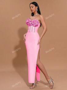 Modphy 2024 Autumn And Winter New Solid Color Strapless Three-Dimensional Flower Inlaid Diamond Slit Sexy Party Tight Bandage Dress Elegant Women'S Formal Dinner Dress