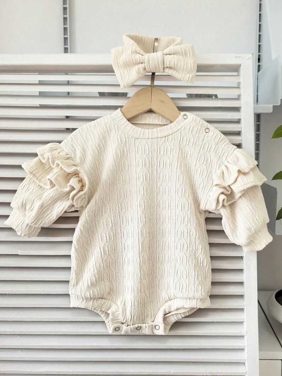 Baby Girls' Autumn Ruffled Sleeve Romper & Headband Set, Cute Knitted Birthday Gift Set, Retro Style - Beige - View 1