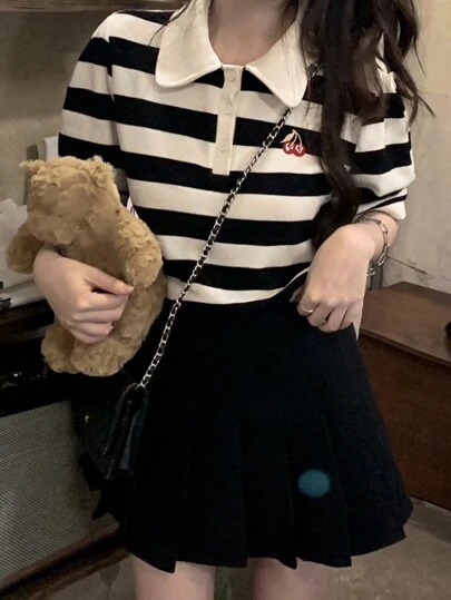 女式少女条纹拼色宽松短袖休闲女式T恤