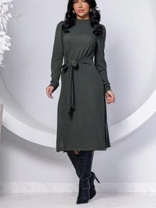 Long Princess Sleeve Lanzinha Dress High Neck With Tie Belt Winter M L XL - màu xanh lá - Xem 1