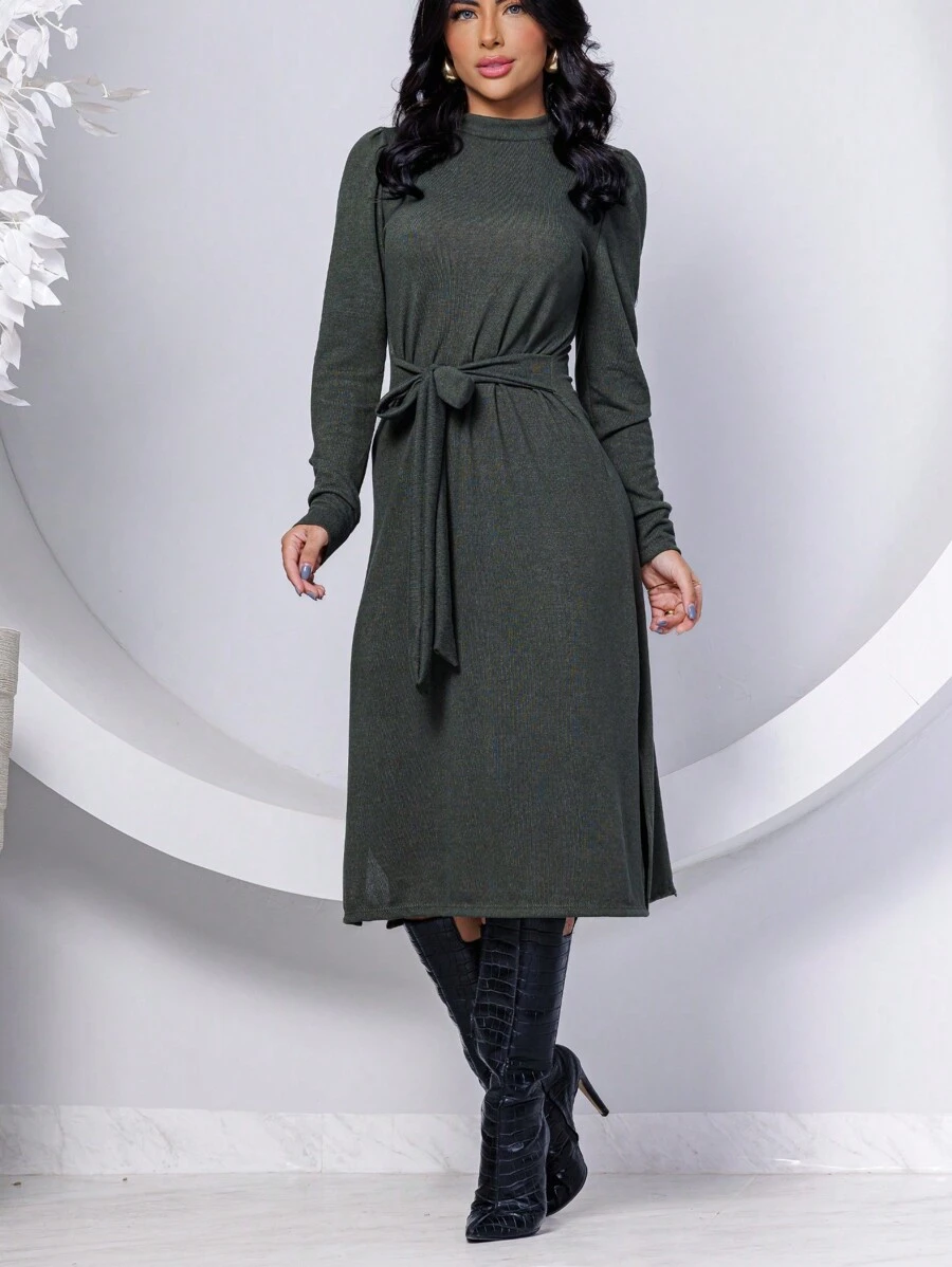 Long Princess Sleeve Lanzinha Dress High Neck With Tie Belt Winter M L XL - màu xanh lá - Xem 1