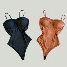 Kit 2 Women's Bodysuits Basic Retro Half Cup Bodysuit With Modeling Cups Tones - Óxido marrón - Ver 1