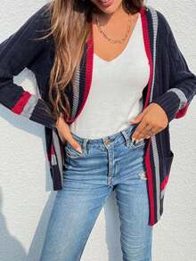 Cárdigan de punto de manga larga con rayas y abertura delantera