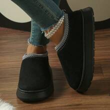 Botines de tobillo de peluche para mujer de invierno, cálidos y gruesos para uso interior/exterior con diseño cerrado en un solo color, cómodos y silenciosos - Negro - Ver 2