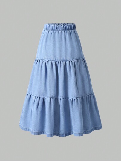 Tween Girl Simple Minimalist Mid-Wash Blue Denim Casual Skirt, Versatile All-Season