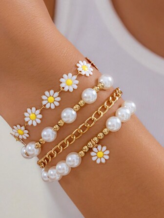 4pcs Girls' Folding With Love Beaded Handwork Bohemian Vintage Daisy Bracelet Anklet, Suitable For Beach Holiday Handwork And Foot Accessories