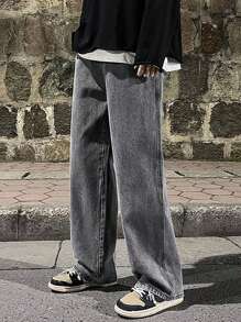 男士时尚直筒抽绳腰牛仔裤 - 淺灰色 - 查看 3