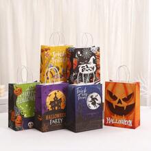 6/12 Pcs Halloween Treat Bags With Handles Kraft Paper Halloween Bags Trick Or Treat Gift Packing Bag Party Bulk Supplies - Multicolor - View 5